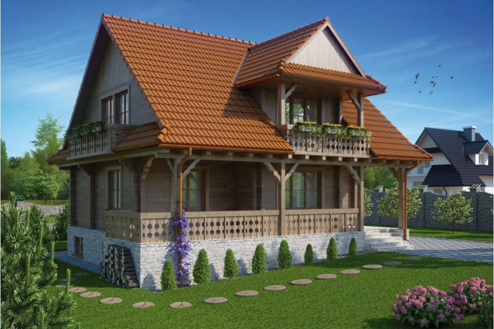 Projekt domu Rabka 2 L-6086, parterowy z poddaszem mieszkalnym, z częściowym podpiwniczeniem - kolorystyka wersja 4