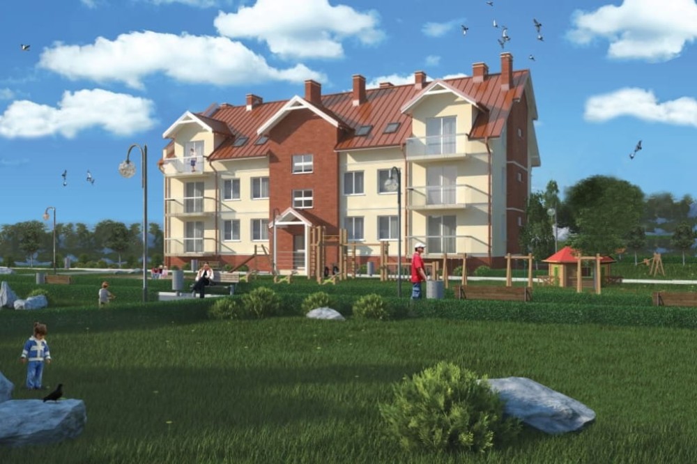 Projekt budynku wielorodzinnego L-6487, piętrowy, z poddaszem użytkowym, podpiwniczony, z garażem wielostanowiskowym - kolorystyka wersja 1