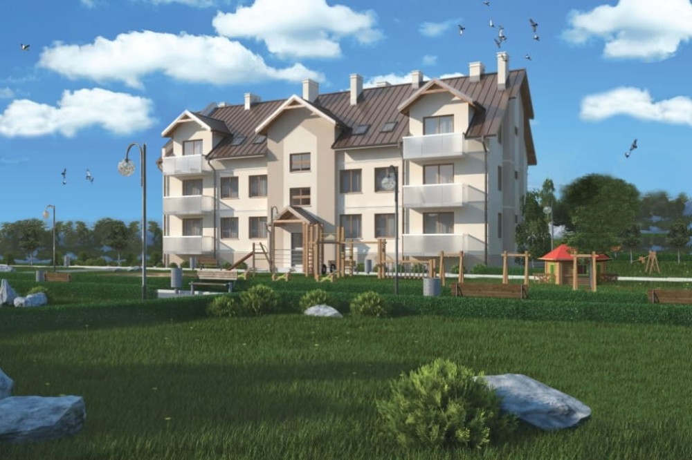 Projekt budynku wielorodzinnego L-6487, piętrowy, z poddaszem użytkowym, podpiwniczony, z garażem wielostanowiskowym - kolorystyka wersja 2