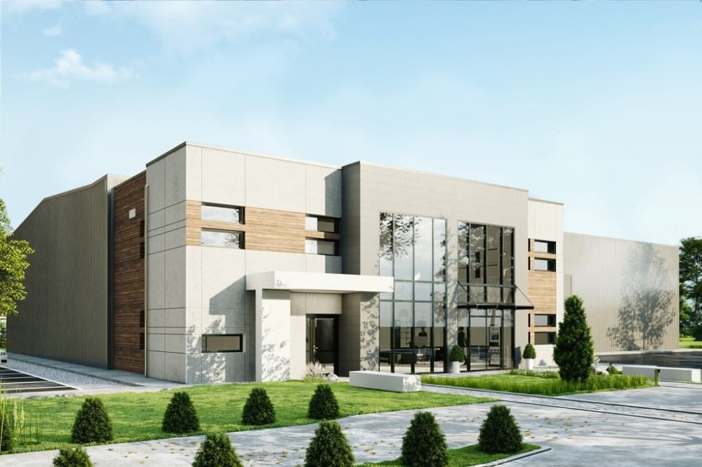 Projekt budynku biurowo-magazynowego  LK-129, niepodpiwniczony, bez garażu-kolorystyka wersja 1
