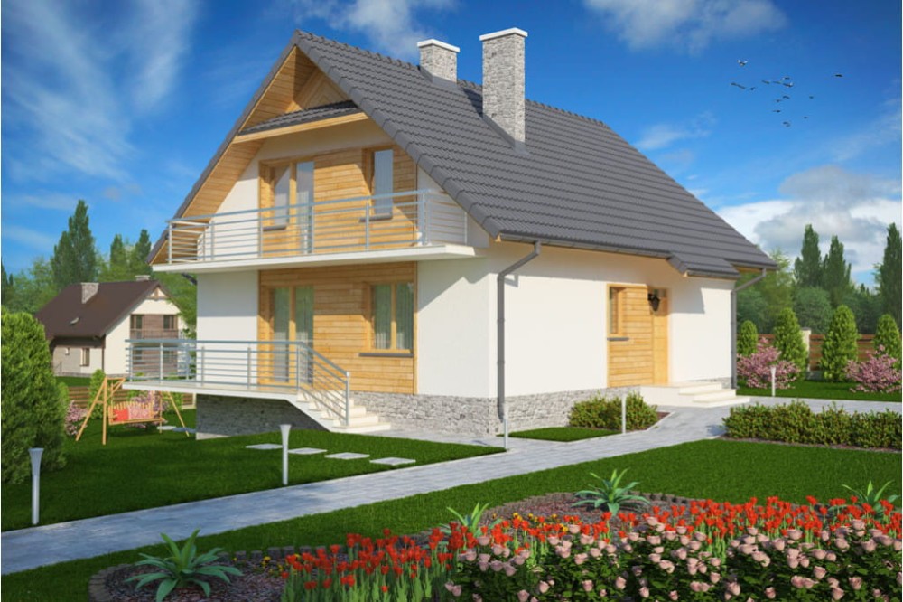 Projekt domu Pszczelnik DM-6052, parterowy z poddaszem mieszkalnym, z częściowym podpiwniczeniem - kolorystyka wersja 3