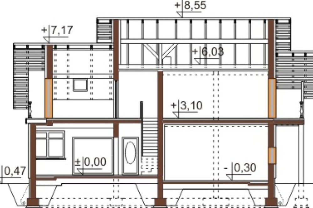 Projekt domu Cereda DM-6465, parterowy z użytkowym poddaszem, niepodpiwniczony, z garażem dwustanowiskowym - przekrój A-A