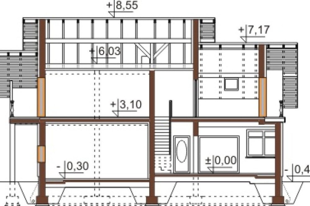 Projekt domu Cereda Due L-6465, parterowy z użytkowym poddaszem, niepodpiwniczony, z garażem dwustanowiskowym - przekrój A-A