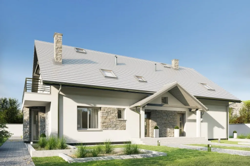 Projekt domu Etulo 2 tech. L-6729 tech., dwulokalowy, parterowy z poddaszem użytkowym, niepodpiwniczony, bez garażu - kolorystyka wersja 1