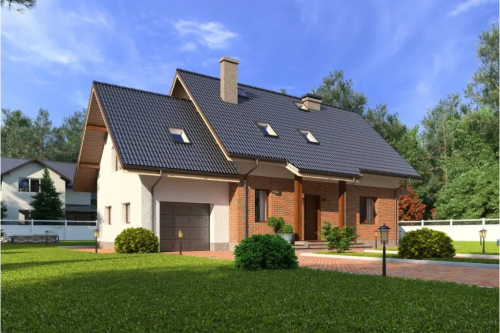 Projekt domu Modraczków 2 tech. L-6610 tech., dwukondygnacyjny bez podpiwniczenia, z garażem jednostanowiskowym - kolorystyka wersja 1