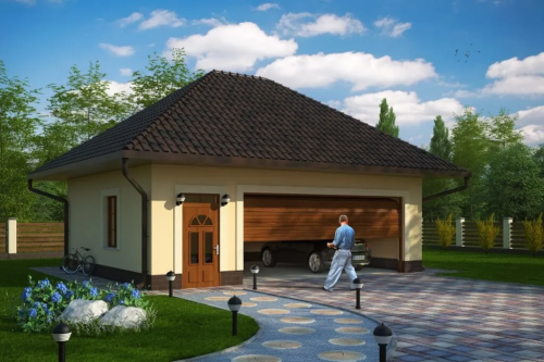 Projekt garażu dwustanowiskowego tech. ZG-87 tech., parterowy, ze strychem, niepodpiwniczony - kolorystyka wersja 1