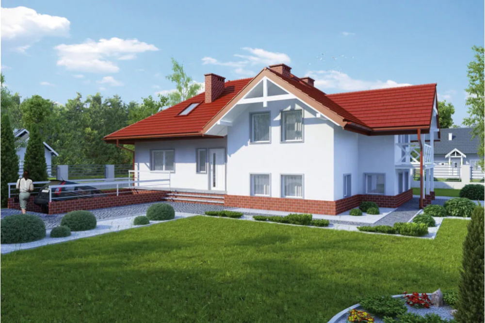 Projekt domu Józefów tech. L-6169 tech., parterowy z poddaszem mieszkalnym, z garażem, podpiwniczony z wydzieloną częścią gospodarczą - kolorystyka wersja 1