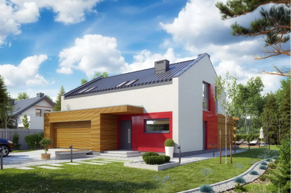 Projekt domu Magnolin tech. DM-6557 tech., parterowy z poddaszem mieszkalnym, bez podpiwniczenia z garażem dwustanowiskowym - kolorystyka wersja 1