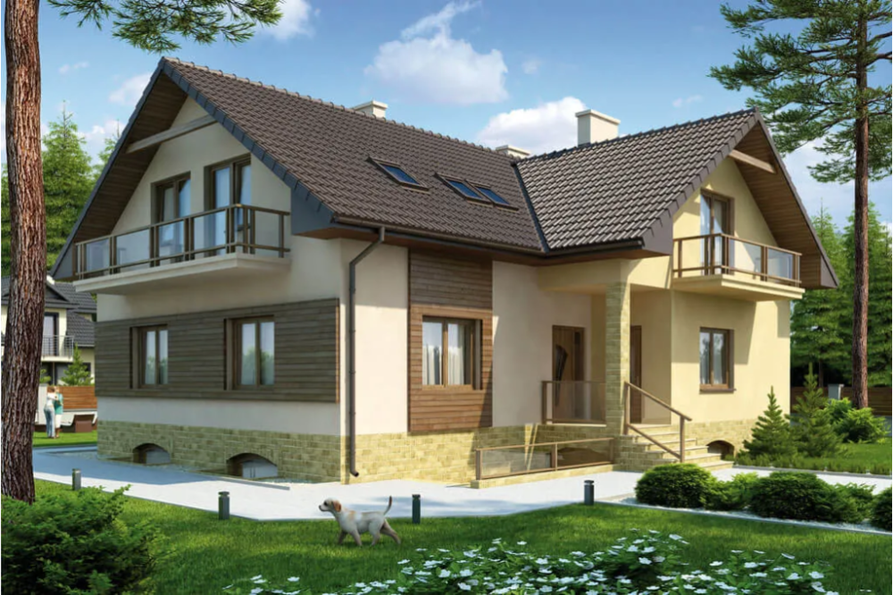 Projekt domu Konradów 2 tech. L-6327 tech., jednorodzinny, parterowy z poddaszem mieszkalnym, podpiwniczony - kolorystyka wersja 1