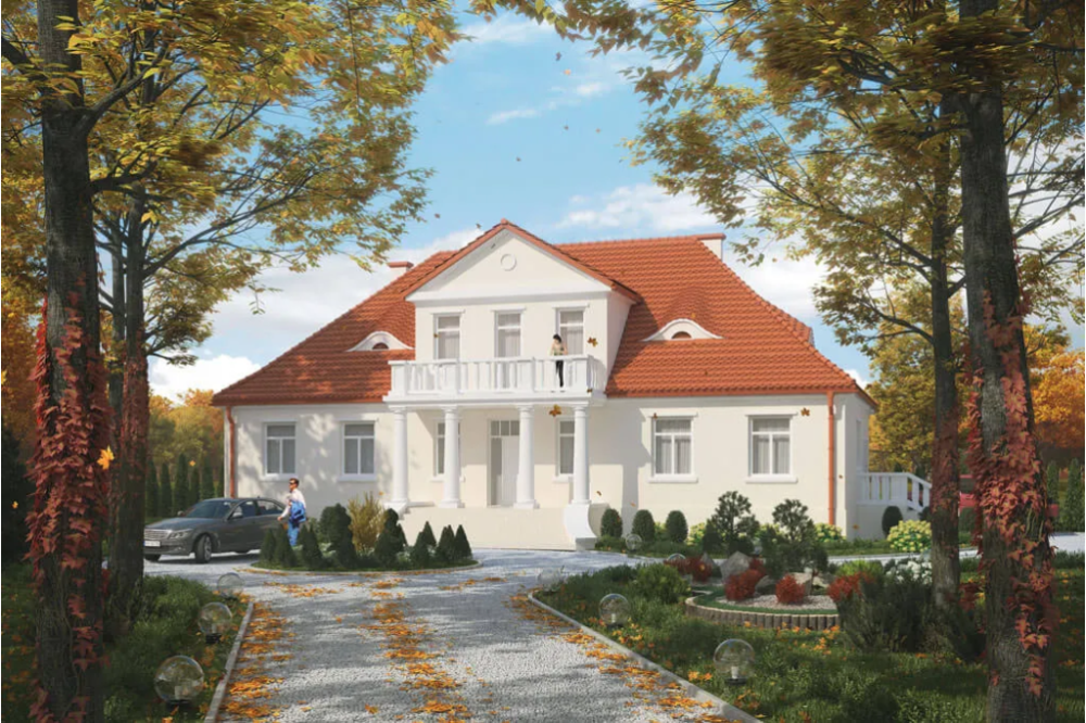 Projekt domu Lubawa tech. DM-6513 tech., parterowy z poddaszem użytkowym, jednorodzinny, dworkowy, z garażem jednostanowiskowym, bez podpiwniczenia - kolorystyka wersja 1