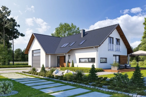 Projekt domu Koria 2 tech. L-6696 tech., parterowy z poddaszem użytkowym, niepodpiwniczony, z garażem dwustanowiskowym - kolorystyka wersja 1