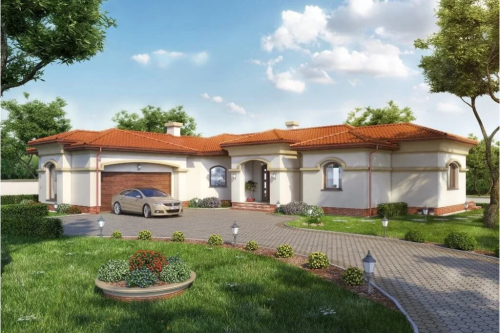 Projekt domu Hortensjów 2 tech. L-6595 tech., dom parterowy z częściowym podpiwniczeniem i garażem dwustanowiskowym - kolorystyka wersja 1