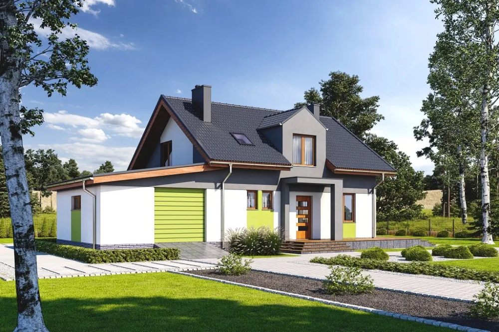 Projekt domu Emporia tech. DM-6697 tech., dwumieszkaniowy, parterowy z poddaszem użytkowym, z garażem jednostanowiskowym - kolorystyka wersja 1