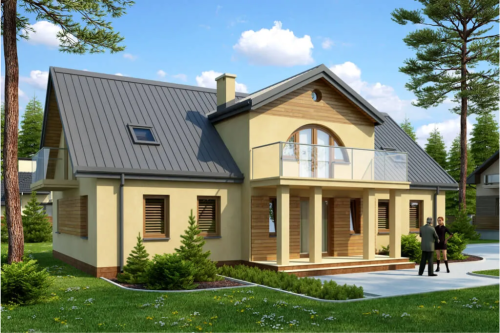 Projekt domu Lipowiec 2 tech. L-6290 tech., parterowy z użytkowym poddaszem, z garażem jednostanowiskowym, bez podpiwniczenia - kolorystyka wersja 1