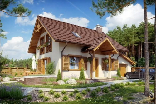 Projekt domu Nerina 2 tech. L-6527 tech., parterowy z poddaszem mieszkalnym, częściowo podpiwniczony - kolorystyka wersja 1