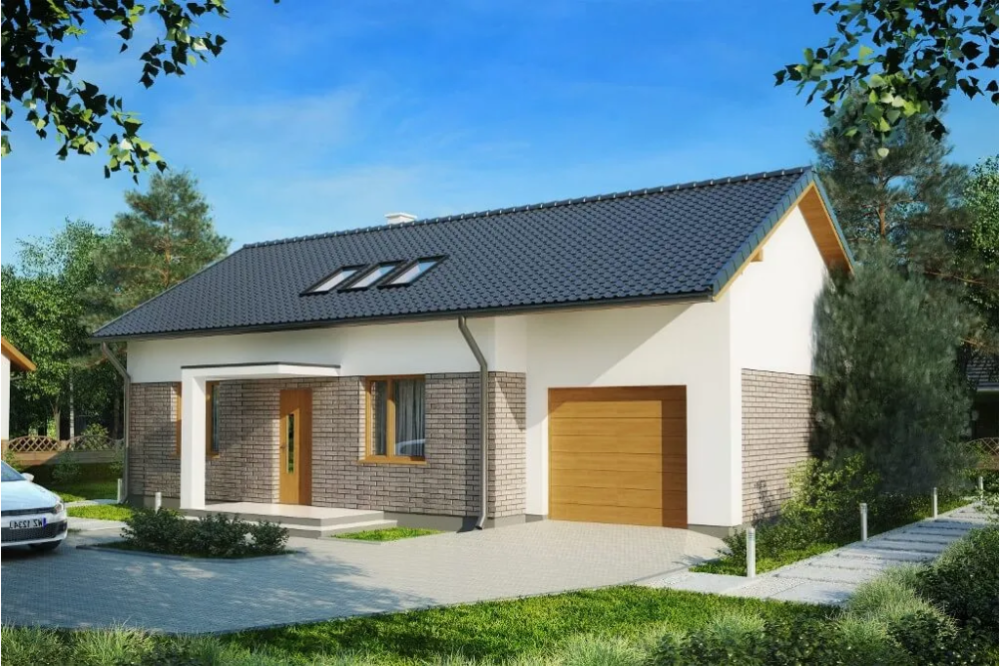 Projekt domu Kocanka 2 tech. L-6619 tech., parterowy z poddaszem użytkowym i garażem - kolorystyka wersja 1