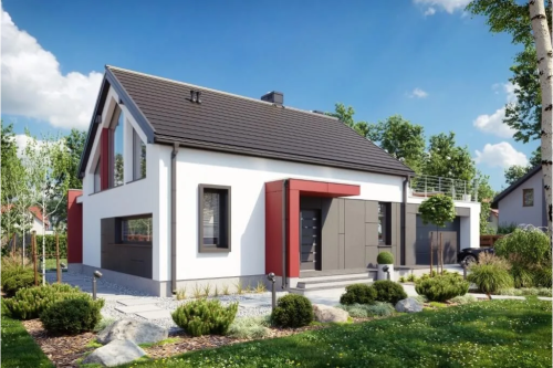 Projekt domu Figowiec 2 tech. L-6620 tech., parterowy z antresolą, z garażem, bez podpiwniczenia - kolorystyka wersja 1