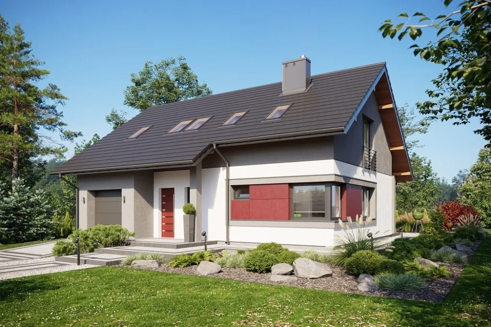 Projekt domu Ritania 2 tech. L-6681 tech., parterowy z poddaszem użytkowym, z garażem - kolorystyka wersja 1