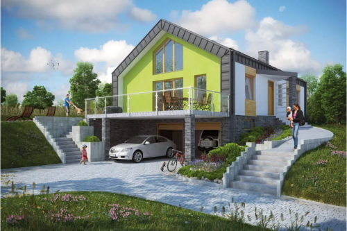 Projekt domu Ropczyce 2 tech. L-6497 tech., parterowy z poddaszem użytkowym, jednorodzinny, nowoczesny z garażem dwustanowiskowym, częściowo podpiwniczony-kolorystyka wersja 1