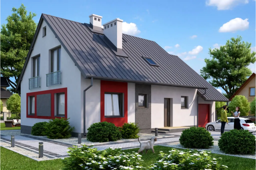 Projekt domu Ruciany 2 tech. L-6520 tech., parterowy z poddaszem mieszkalnym, z garażem, częściowo podpiwniczony - kolorystyka wersja 1