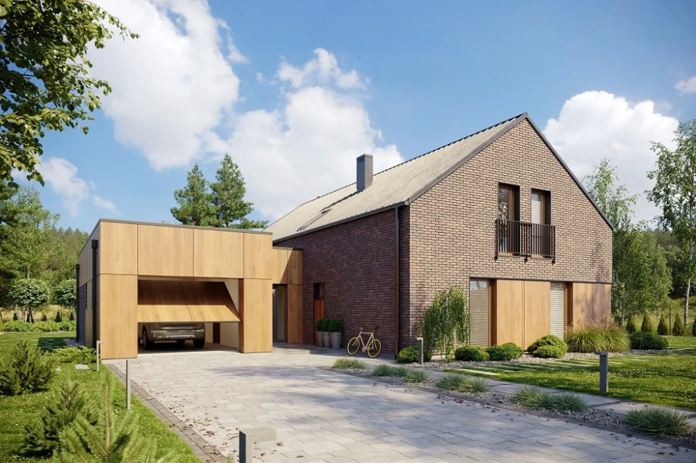 Projekt domu Deva tech. DM-6709 tech., parterowy z antresolą, jednorodzinny, tradycyjny, z garażem jednostanowiskowym, bez podpiwniczenia - kolorystyka wersja 1