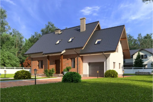 Projekt domu Modraczków 1 tech. DM-6610 tech., dwukondygnacyjny bez podpiwniczenia, z garażem jednostanowiskowym - kolorystyka wersja 1