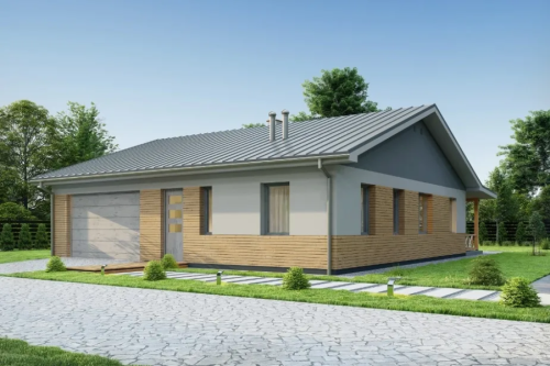 Projekt domu Ariona tech. DM-6728 tech.,  parterowy, niepodpiwniczony, z garażem jednostanowiskowym - kolorystyka wersja 1