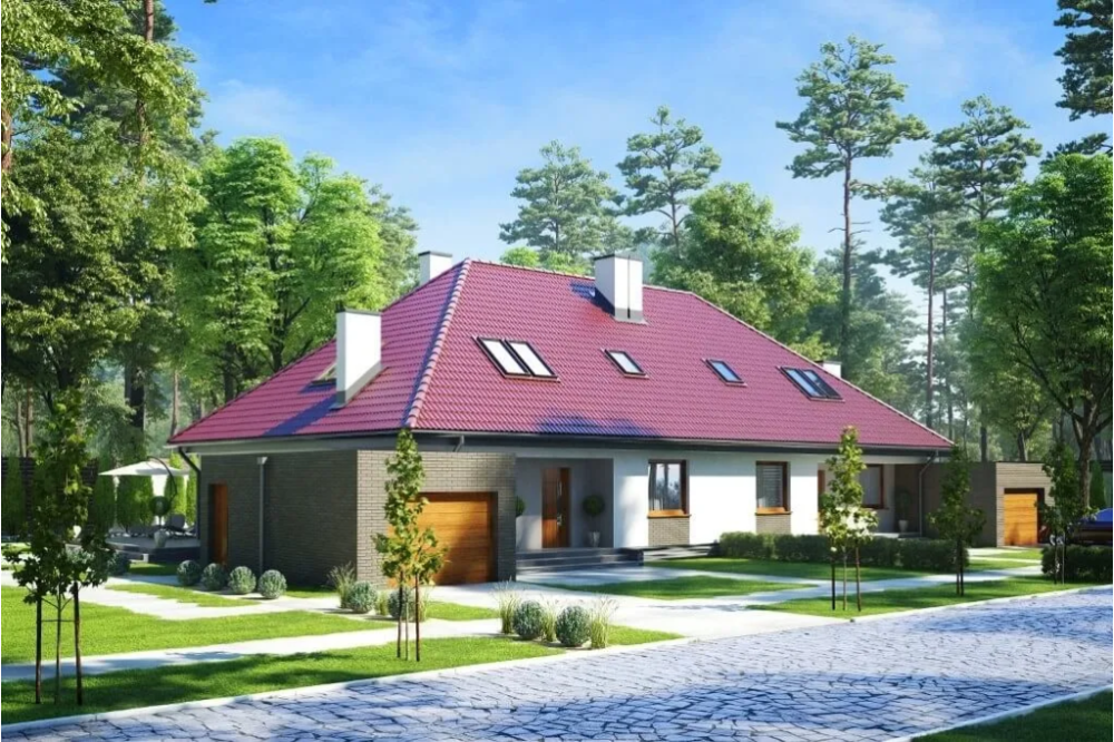 Projekt domu Jastruń 2 tech. L-6540 tech., parterowy z poddaszem użytkowym, dwurodzinny, w zabudowie bliźniaczej, z garażem, bez podpiwniczenia - kolorystyka wersja 1
