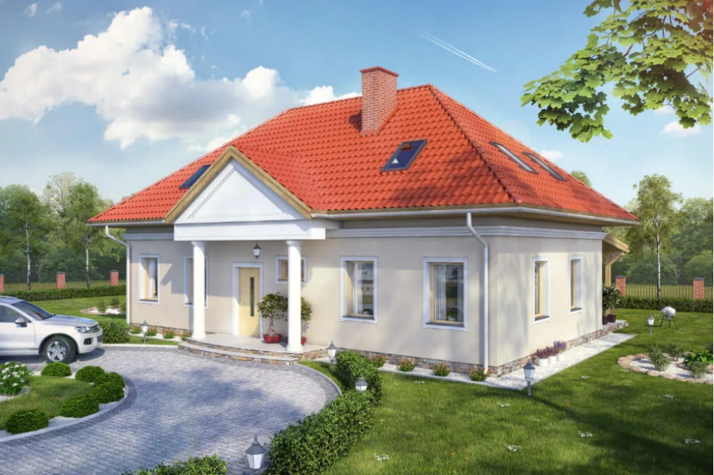 Projekt domu Konwaliowo 2 tech. L-6582 tech., parterowy z poddaszem mieszkalnym, bez podpiwniczenia, bez garażu - kolorystyka wersja 1
