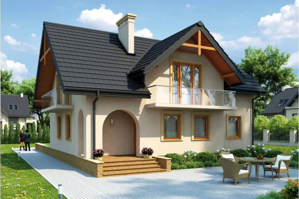 Projekt domu Osiecko L-6236 tech., parterowy z poddaszem użytkowym, z podpiwniczeniem, z dwoma garażami, tradycyjny - wizualizacja elewacji wersja 1