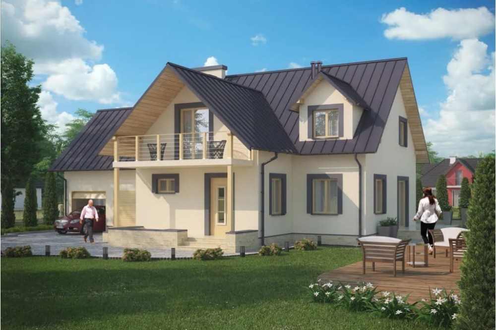 Projekt domu Kartuzy 2 tech. L-6345 tech., parterowy z poddaszem mieszkalnym, bez podpiwniczenia, z garażem dwustanowiskowym - kolorystyka wersja 1