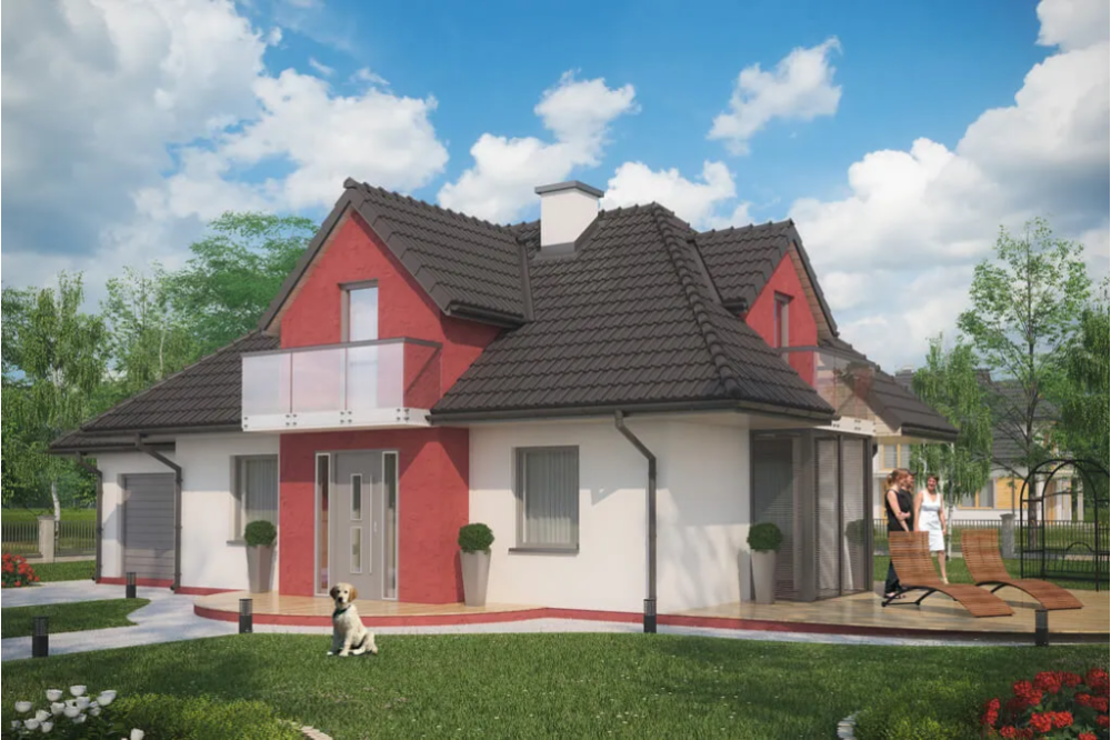 Projekt domu Śnieżyn 2 tech. L-6346 tech., parterowy z garażem, z poddaszem mieszkalnym, bez podpiwniczenia - kolorystyka wersja 1