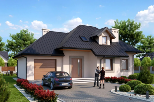 Projekt domu Jaśmina 2B tech. L-6426 B tech., parterowy z poddaszem mieszkalnym, częściowo podpiwniczony, z garażem - kolorystyka wersja 1