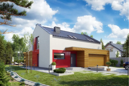 Projekt domu Magnolin 2 tech. L-6557 tech., parterowy z poddaszem mieszkalnym, bez podpiwniczenia z garażem dwustanowiskowym - kolorystyka wersja 1