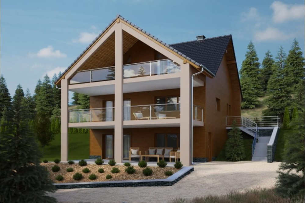 Projekt domu Onętek 2 L-6611, parterowy z poddaszem użytkowym i podpiwniczeniem - kolorystyka wersja 2