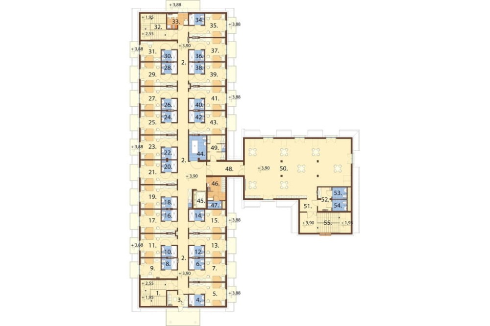 Projekt domu opieki dla osób starszych K-143, budynek dwukondygnacyjny, bez podpiwniczenia – rzut poddasza