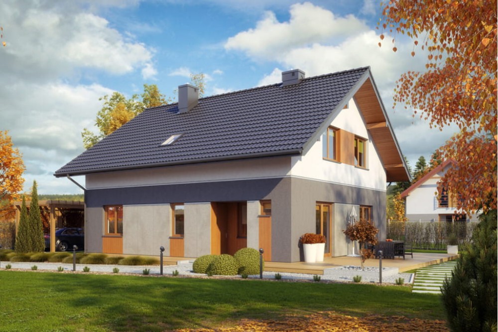 Projekt domu Maczków 2 L-6544, parterowy z poddaszem użytkowym,  jednorodzinny, bez garażu, bez podpiwniczenia-kolorystyka wersja 1