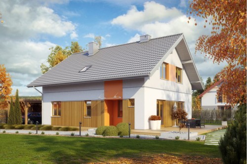 Projekt domu Maczków 2 L-6544, parterowy z poddaszem użytkowym,  jednorodzinny, bez garażu, bez podpiwniczenia-kolorystyka wersja 2