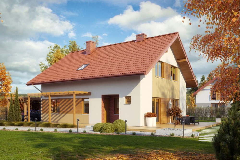 Projekt domu Maczków 2 L-6544, parterowy z poddaszem użytkowym, jednorodzinny, bez garażu, bez podpiwniczenia-kolorystyka wersja 3