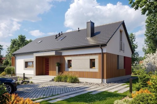 Projekt domu Iryzyna 2 L-6645,parterowy z poddaszem użytkowym, jednorodzinny, bez garażu, bez podpiwniczenia -wizualizacja elewacji frontowej