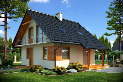 Projekt domu Godków L-6143, parterowy z poddaszem mieszkalnym, częściowo podpiwniczony - kolorystyka wersja 1