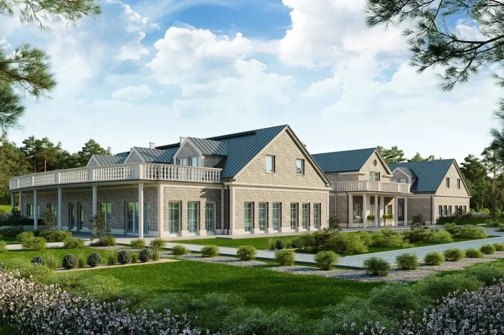 Projekt budynku gastronomiczno-noclegowego LK-108, podpiwniczony, posiada dwie kondygnacje nadziemne - parter oraz poddasze użytkowe - wizualizacja elewacji