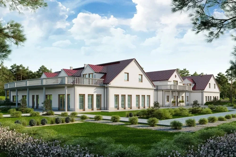 Projekt budynku gastronomiczno-noclegowego LK-108, podpiwniczony, posiada dwie kondygnacje nadziemne - parter oraz poddasze użytkowe - wizualizacja elewacji