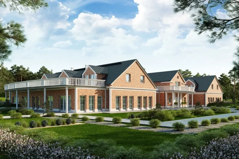 Projekt budynku gastronomiczno-noclegowego LK-108, podpiwniczony, posiada dwie kondygnacje nadziemne - parter oraz poddasze użytkowe - wizualizacja elewacji