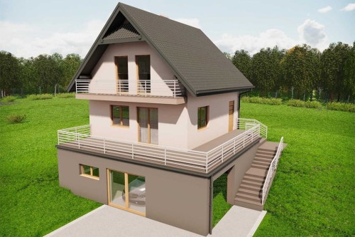 Projekt domu Kościelisko 2 B L-6324 B, jednorodzinny parterowy z poddaszem użytkowym, z piwnicą i garażem - wizualizacja elewacji frontowej