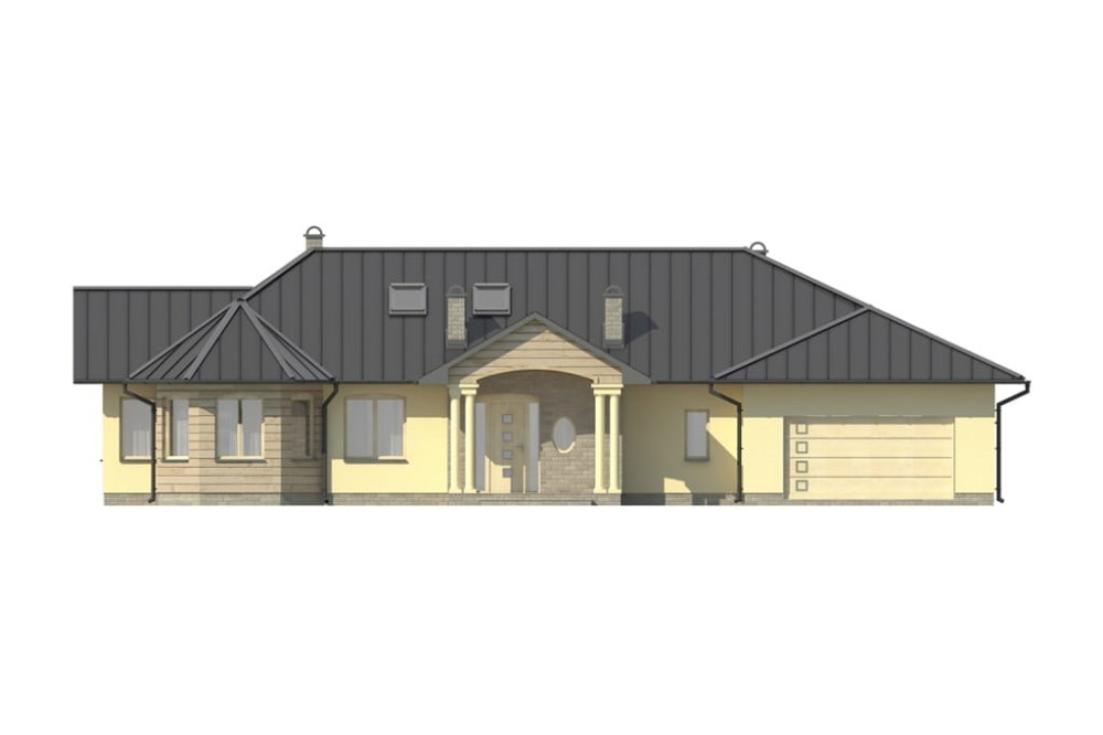 Projekt domu Bogaczewo L-5508, parterowy z poddaszem mieszkalnym, bez podpiwniczenia  - elewacja frontowa