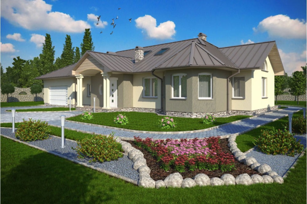 Projekt domu Bilcza tech. DM-5508 tech., parterowy z poddaszem mieszkalnym, bez podpiwniczenia  - kolorystyka wersja 2