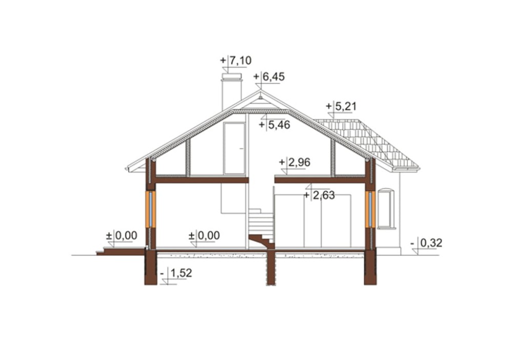 Projekt domu Bilcza N DM-5508 N, parterowy z poddaszem mieszkalnym, bez podpiwniczenia  - przekrój A-A