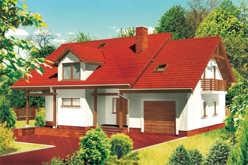 Projekt domu Radlice tech. L-6177 tech., parterowy z poddaszem mieszkalnym, częściowo podpiwniczony, z garażem z wydzieloną częścią gospodarczą-kolorystyka wersja 1