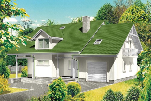 Projekt domu Radlice tech. L-6177 tech., parterowy z poddaszem mieszkalnym, częściowo podpiwniczony, z garażem z wydzieloną częścią gospodarczą-kolorystyka wersja 2